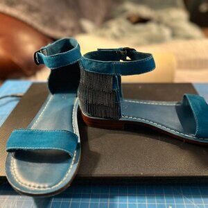 Bernardo Womens TACI Flat Sandal Metal Fringe Teal Suede Size 11